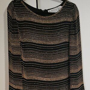 Oleg Cassini Black Tie Vintage Silk Gold Striped Beaded Tunic Top Size Medium M